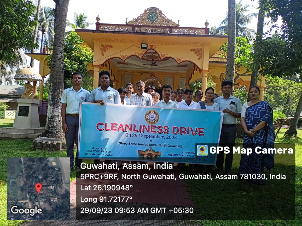 Cleanliness Drive at Shree Shree Auniati Satra (North Guwahati) organized by Yuva Tourism Club, North Gauhati College on 29.09.2023