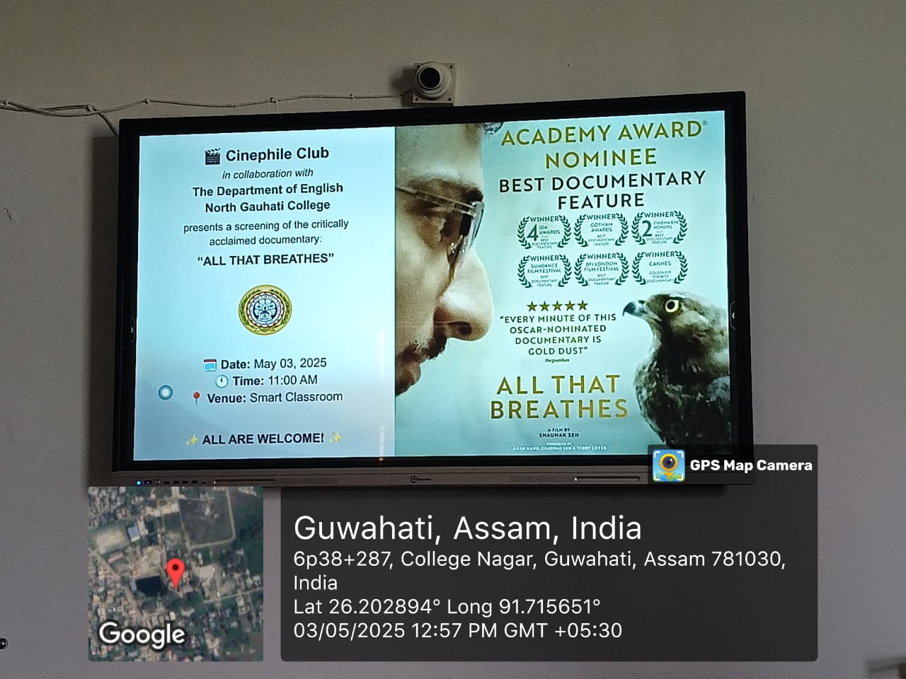 Screening of documentary "All That Breathes" by Cinephile Club in association with the Department of English, North Gauhati College on 03.05.2025